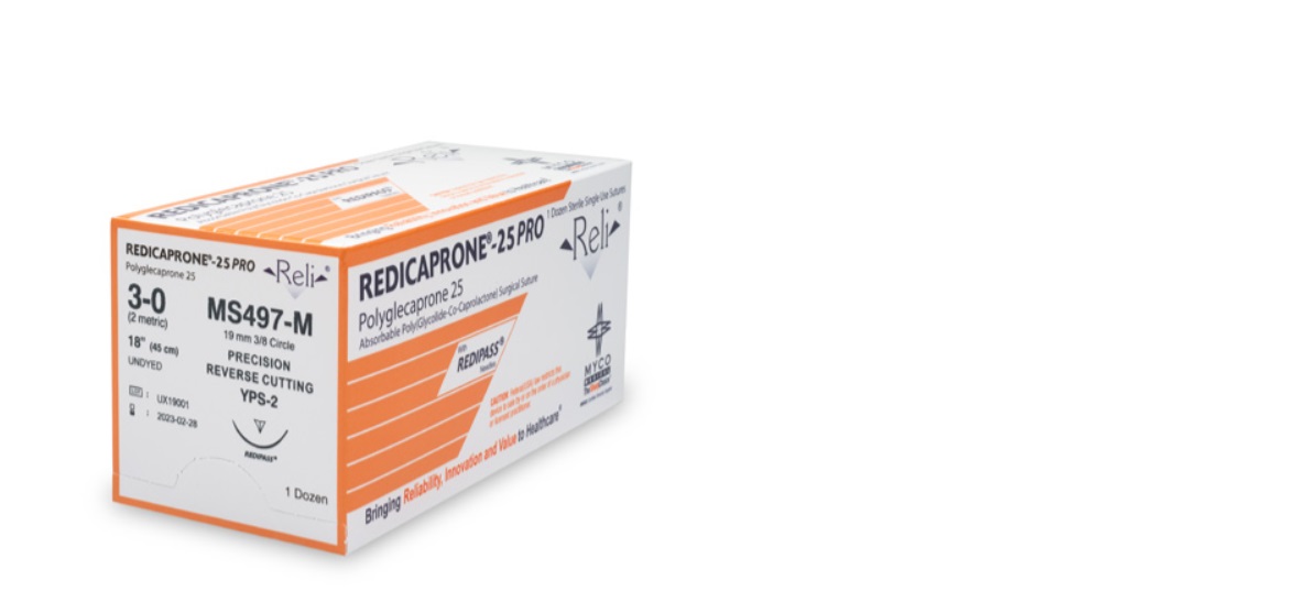 Suture, REDICAPRONE® 25 PRO Absorbable Monofilament, PGCL, Undyed YPS-2, RELI® Absorbable Polyglecaprone Size 3-0 18 Inch 19mm 3/8 Circle by Myco Medical  ID MS497-M